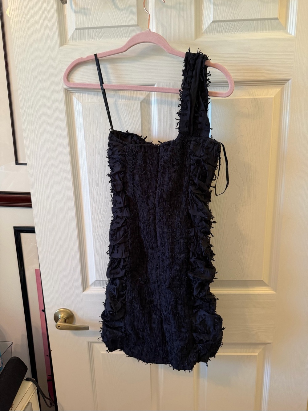 Just Me Black One-Shoulder Ruffle-Trim Mini Dress
